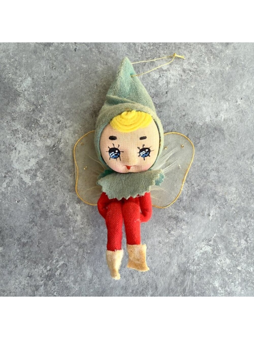Vintage Elf Pixie Christmas Ornament Felt Tulle Wings Knee Hugger Japan Napco 6”